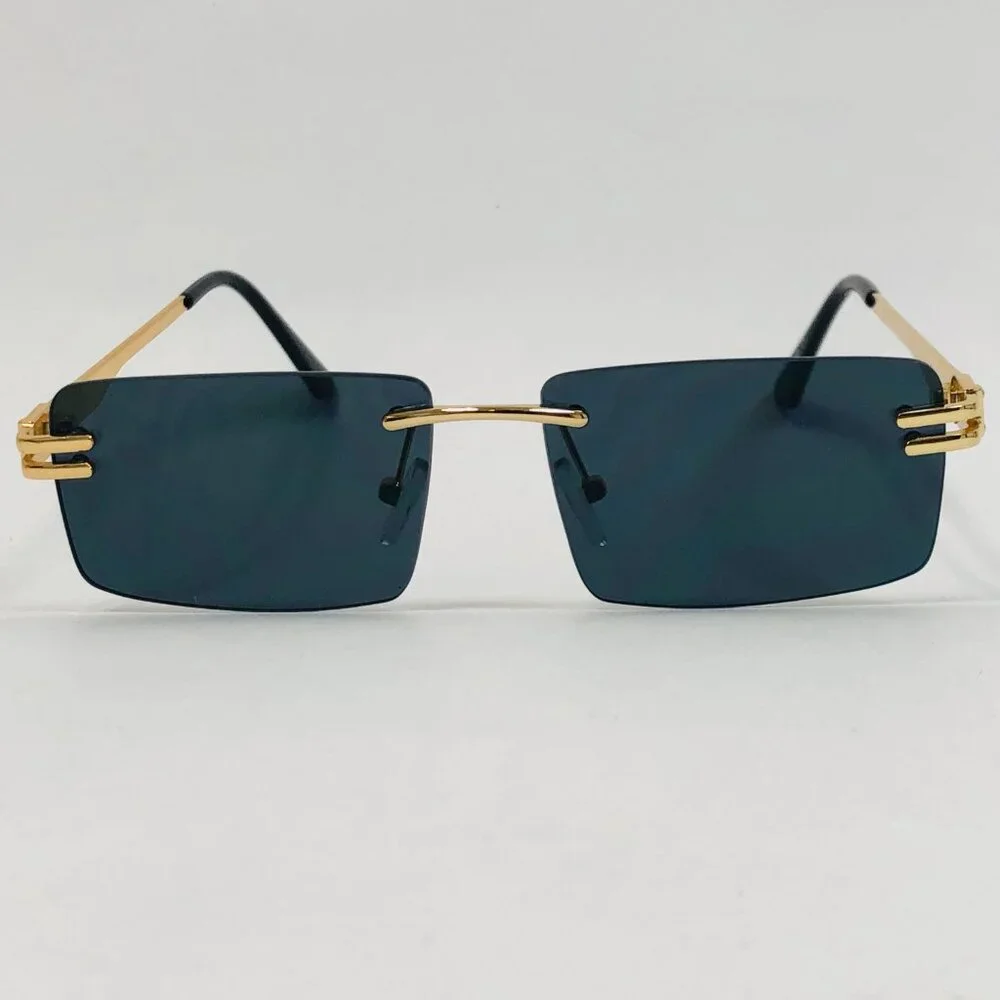 Men Sunglasses Dark Black Lens Trendy New Fashion Retro Shades Gold Metal Lentes